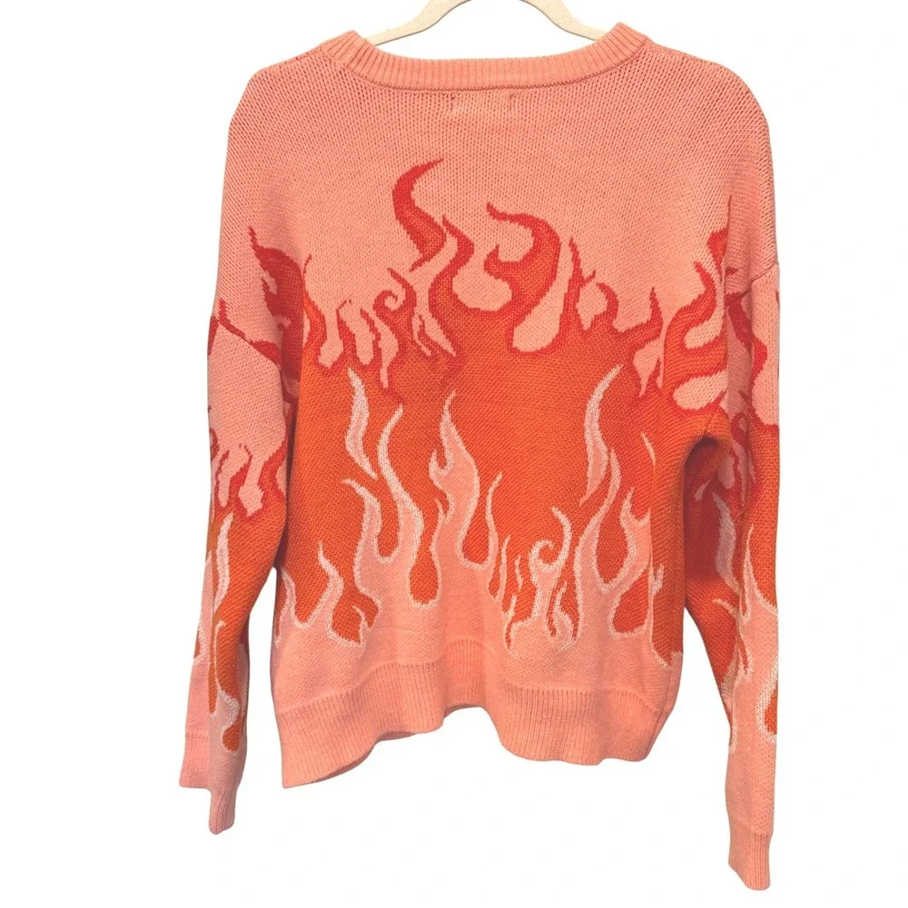 Aqua Blues Y2K Flame Sweater Pink Orange‎ Fire Graphic Knit Pullover Size Medium
